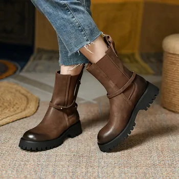 Luxusné Retro Jeseň Zima Ženy Chelsea Boots Teplé Fleece Pravej Kože Platformu Pošmyknúť Na Západnej Teľa Topánky Hnedé Topánky
