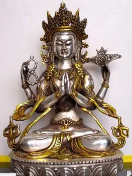 Bi001630 Tibetskej Budhistickej Štyroch ozbrojených Guanyin Buddha Bronzové Pozlátené Sochy