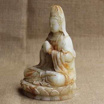 Čínsky Biely Jade Ručne vyrezávané Sedí Modliť Lotus Guanyin Kwan-yin Bódhisattva Socha