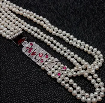 HABITOO Elegantný 4 Oblasť Bielych Sladkovodných Kultivovaných Perlový Náhrdelník Kubický Zirkón Pripraviť Spona Choker Šperky pre Ženy, Strán, Svadby