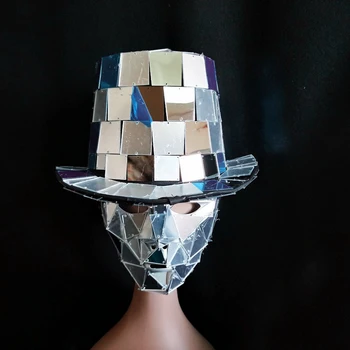 Striebro sequin klobúk maska Bar GOGO rekvizity výkon klobúk Cosplay party zrkadlo človeka tanec spp a masiek