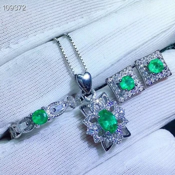Prírodný zelený smaragd Prsteň Prívesok Náušnice Prírodný Drahokam Šperky Set S925 Striebro Retro Luxusné námestie Ženy strany šperky