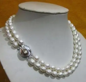 Očarujúce Pearl Šperky, 2 Riadky, 8-10 mm, Biela Ryža Sladkovodné Perlový Náhrdelník Shell Spona 17-18