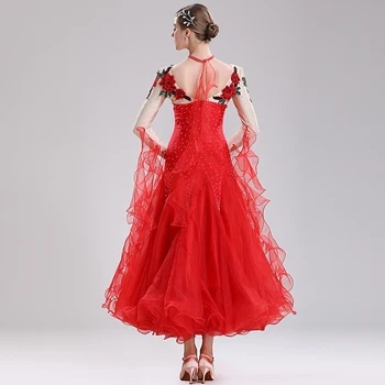 Moderné Tanečné Kostýmy Ženy Elegantná Červená/Fialová Dlhý Rukáv Ballroom Dance Súťaže Šaty Valčík Výkon Oblečenie DQL1171