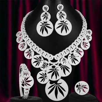 Nádherné Úplne Nové Luxusné, Exkluzívne Leaf Náhrdelník Náramok Náušnice, Prsteň, Šperky, Nastavený pre Svadobné Svadobné Ženy Ušľachtilý Ukázať Šperky