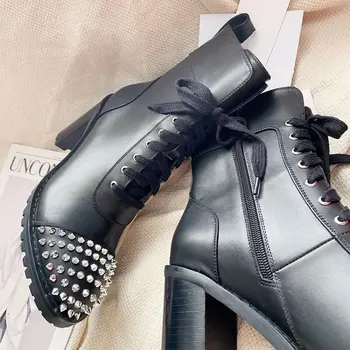Bežné Dizajnér sexy lady vintage móda dámske topánky čierne kožené kolo prst husto hrotmi zips čipky krátke topánky