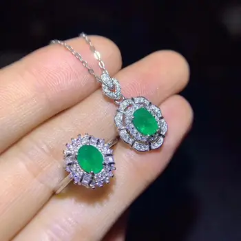 Nové ekologické prírodné Emerald drahokam prsteň a náhrdelník šperky set s 925 silver prírodný klenot dobrý strih narodeninovej párty darček hot