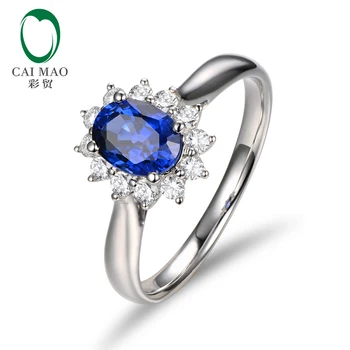 CaiMao Prírodné Oválny Tvar Sapphire SI1 G-H Halo Diamond 14K Bieleho Zlata, Zásnubné snubný Prsteň
