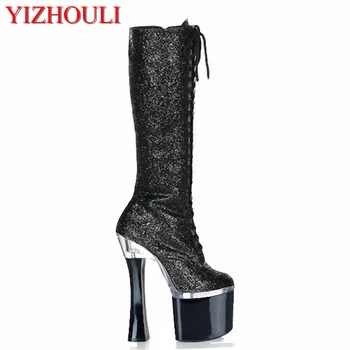 18 cm Módne žena rytier platformu päty, kolená vysoké topánky v zime obuv PU topánky nočný klub vysoké podpätky ženy