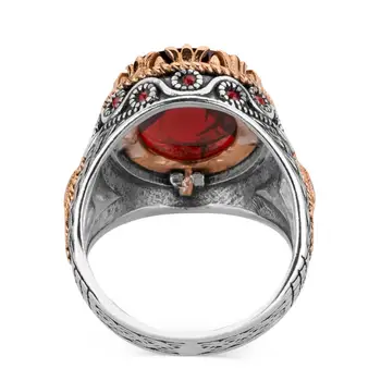 Striebrom Vykladané Mens Prsteň s Červeným Zirkón Stonework Módne turecký Premium Kvalitné Ručné Jawelery