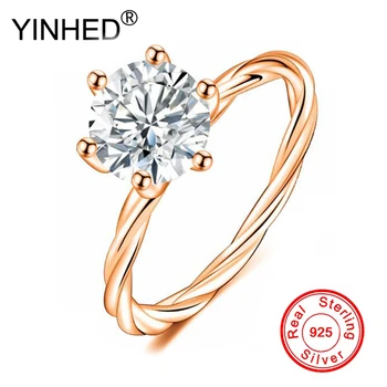 YINHED Klasické Solitaire 1 Karát Cubic Zirconia Krúžok Rose Gold Color 925 Jemné Strieborné Šperky, Snubné Prstene pre Ženy ZR702