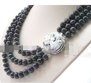 DOPRAVA ZADARMO>>>@@ > N2524 3row 9-10 mm black kolo sladkovodné perlový náhrdelník