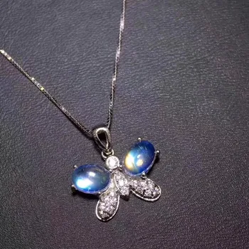 Prírodné modré moonstone Prívesok prírodný drahokam Elegantné Motýľ Dragonfly prívesok náhrdelník S925 striebro ženy strany šperky