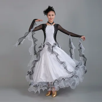 Vysoko Kvalitný Moderný Tanec Šaty S Dlhým Rukávom Čierne Biele Oblečenie Profesionálne Ženy, Ženský Ukazuje Odevy Q5050
