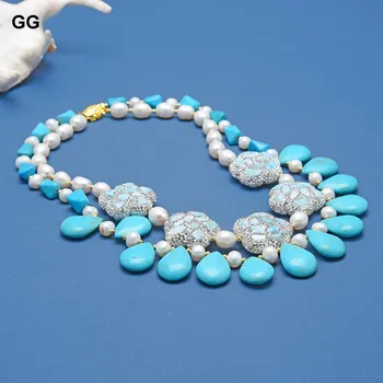 GuaiGuai Šperky, 2 Pramene, Prírodné Umelé Biele Sladkovodné Perly Modrá Tyrkysová Larimars Kvetina Náhrdelník 20