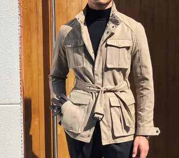 Pánske Imitácia Semišu Safari Bunda Dvojité Zips Bežné Slim Vintage Kabát na Jeseň Zima Dizajnér Pracovné Odevy pre mužov