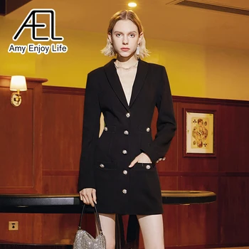 AEL Ženy Black Slim Dlhé Sako Sexy Party Mini Šaty 2021 Vintage Elegantné Obleky Ženy Jeseň Kabát