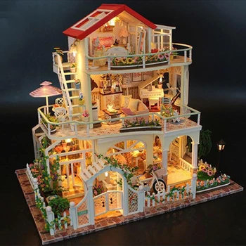 Drevo Moderný domček pre bábiky s Nábytkom Budovy Byt Obývacia Izba Auta Darček