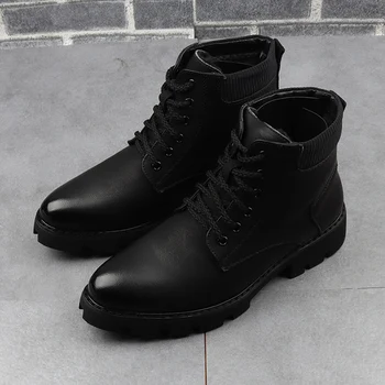 Kórejský štýl, pánske topánky čierne bežné topánky platformu trend pekný originálne kožené boot jar jeseň členok botas masculinas