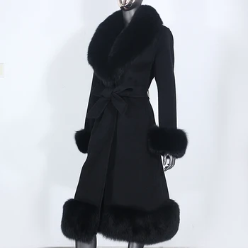 2021 Nové Reálne Kožušiny Kabát Zimná Bunda Ženy Prírodné Fox Kožušiny Golier, Putá Cashmere Zmesi Vlny X-Dlhé Vrchné Oblečenie Pás Streetwear