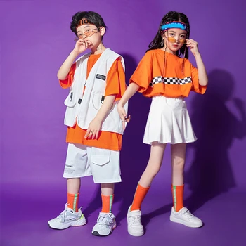 Deti Jazz Tanečné Kostýmy Pre Deti Orange Voľné Topy hip-hop Oblečenie Chlapci Dievčatá Sála Hip Hop Dance Rave Oblečenie DQS7048