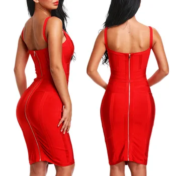 Hot Predaj Sexy Obväz Šaty Červené Víno V Krku Pružné Tenké Špagety Popruh Šaty Koleno Dĺžke Strany Formálne Šaty Oblečenie Žien