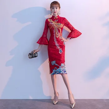 Čínsky Štýl Ženy, Červená Nevesta Výšivky, Čipky Cheongsam Dlho Strany Svetlice Rukáv Luxusné Šaty Elegantné Svadobné Morská víla Qipao S-3xl