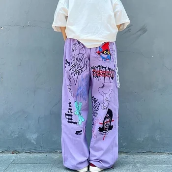 Dámske širokú nohu nohavice letné Pop štýl karikatúra tlače rovné nohavice osobnosti graffiti, street oblečenie Dámske voľné nohavice
