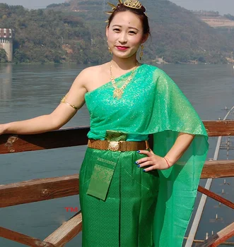 Thajsko je tradičný štýl zelená Dai oblečenie pre ženy pozdrav šaty vody striekajúcej Festival Kostým bez rukávov Oblečenie