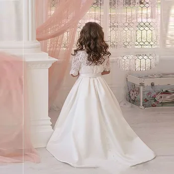 Lacné Biele Čipky Kvet Dievčatá Šaty Na Svadby 2021 Prvé Sväté Prijímanie Šaty Pre Dievčatá Ramena Luk Uzol Krídla Pásu