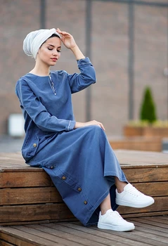 Dámske džínsové šaty s zips a tlačidlo posádky výstrihu a dlho hidžáb model šaty každodenné bežné použitie Moslimských módne Islamské oblečenie