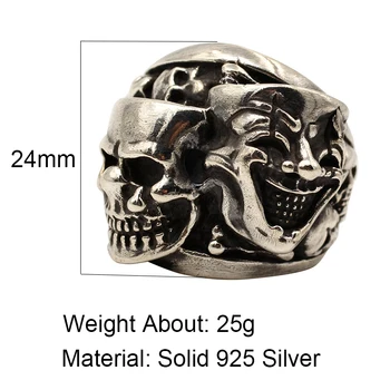 Apinje Thai Striebro Lebky Krúžok 925 Sterling Silver Mužov Krúžky Prehnané Smajlík Skeletu Ťažké Punk Gotický Módne Šperky
