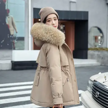Parkas Ženy 2021 Plus Velvet Zimný Kabát Kožušiny Golier s Kapucňou Čalúnená Bunda kórejský Voľné Bavlnené Oblečenie Strednej Dĺžky Parker zh1645