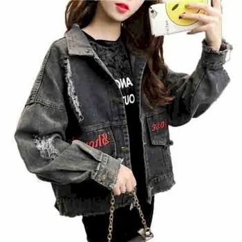 Čierna Denim Jacket Ženy Trend výšivky otvor 2022 nových študentov denim voľné kórejský štýl hip hop móda Harajuku Streetwear top