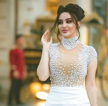 Dlho Morská víla Večerné Šaty Biele 2020 arabčina Dubaj Vysoká Krku Perly Korálkami s Rukávmi, Dĺžka Podlahy Prom Party Šaty Celebrity