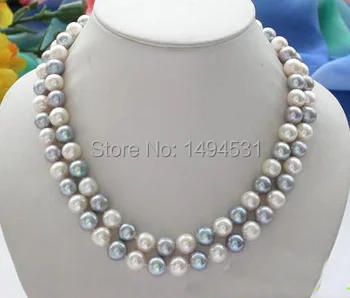 Veľkoobchod Pearl Šperky 2Row 11 mm Kolo Biela Šedá Farba Sladkovodných Kultivovaných Perlový Náhrdelník - Handmade Šperky - XZN69
