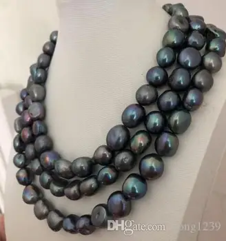 Pôsobivé 11-13mm Tahitian barokový čierna perla, zelená necklace48inch 925s