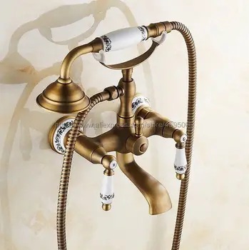 Antique Brass Kúpeľňa Dvojitá Rukoväť Vaňa, Umývadlo, Batérie, Nástenné Telefón Štýl Vaňou Zmiešavacie Kohútiky s Ručnou Sprchou Btf306