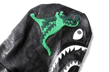 JP Black Shark Hlavu Vyšívané Kožená Bunda s Kapucňou, Zimné Mužov Módne Značky, 1:1 s Štítok Cardigan Kožený Kabát Streetwear