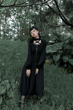 Cross čierne šaty sexy výrez lolita dlho francúzsky pás viktoriánskej šaty kawaii dievča gothic lolita op loli cos Sladká princezná loli