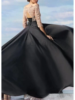 Black Formálne Večerné Šaty Rameno Polovičný Rukáv Dĺžka Podlahy Šifón Čipky Prom Party Šaty Arabčina Dubaj Župan De Femme Soirée