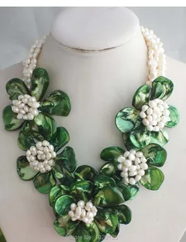 3rows bielych sladkovodných perál barokový a zelená shell kvetina náhrdelník 18-palcové FPPJ