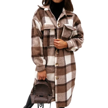 2021 Jeseň Ženy Tričko Kabát Módne Koberčeky Vytlačené Zase Dole Golier Dlhá Srsť Bežné Single-Breasted Zimné Ženy Kabát