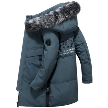 2021 nové nadol bunda pánske dlhé zimné kabát s kapucňou páry hustej kožušiny golier teplý kabát módnej značky list remienok veľké kožušiny snehu