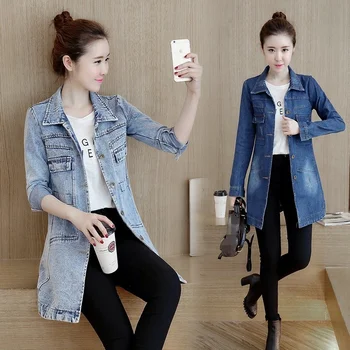 Kórejský Štýl Slim Fit Dlho Denim Jacket Ženy Plus Veľkosť Kabát Bežné Singel Svojim Džínsy Windbreakers Žena Vintage Vrchné Oblečenie