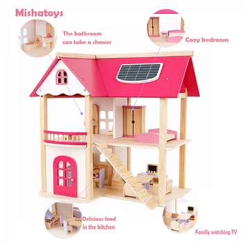 Drevené ružová chata hrať dom dom vila detí DIY hračka kuchyňa doll house dievča, darček k narodeninám