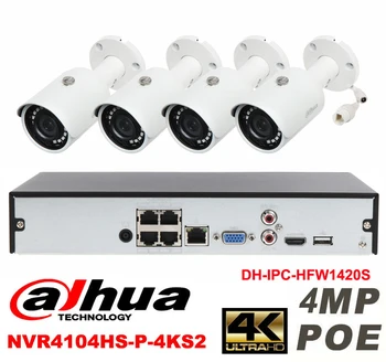 Dahua pôvodné 4CH 4MP H2.64 DH-IPC-HFW1420S 4pcs Vodotesný fotoaparát POE DAHUA DHI-NVR4104HS-P-4KS2 bullet IP bezpečnostná kamera auta