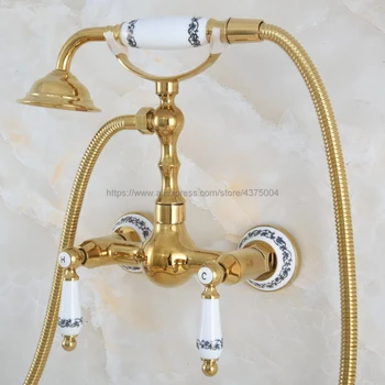 Luxusná Zlatá Farba Mosadz Sprcha Kohútik na Stenu Dvojité Rukoväť Kúpeľňa so Sprchou Zmiešavacie Batérie, s Ručnou Sprchou Nna840