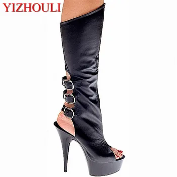 15 cm vysoký podpätok topánky v lete sexy otvorenou špičkou topánky dámske kožené kolená vysoké čižmy, topánky platformu