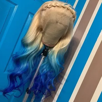 Jedinečný Ombre Blond Modré Telo Vlna Predné Čipky Parochne Pre-Trhať Vlasová Panny Ľudské Vlasy 180 Hustota